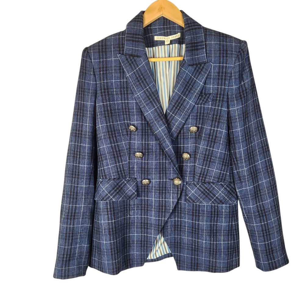 Veronica Beard Miller Dickey Blazer Size 10 Navy Plaid Double Breasted Wool